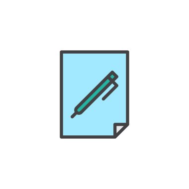 Kalem kağıt dolu belge anahat simgesi, çizgi vektör işareti, üzerinde beyaz izole doğrusal renkli sembol. Boş yaprak kağıt ve bir kalem simgesi, logo illüstrasyon. Piksel mükemmel vektör grafikleri