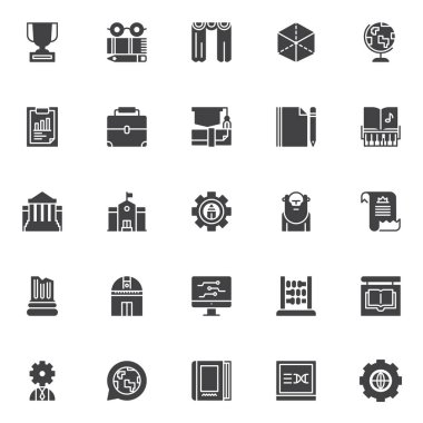 Eğitim ve bilgi vektör simgeler kümesi, modern katı simgesi toplama, dolgulu tarz piktogram paketi. İşaretler logo illüstrasyon. Kupa, bardak, kitap ve kalem, perde, diploma simgeler içerir