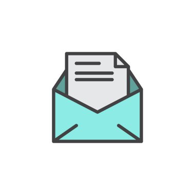 Ofis posta, açık zarf doldurulmuş anahat simgesi, çizgi vektör işareti, üzerinde beyaz izole doğrusal renkli sembol. Sembol, logo illüstrasyon iletisini. Piksel mükemmel vektör grafikleri