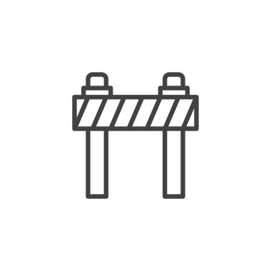 Yol engeli satırı simgesi, anahat vektör işareti üzerinde beyaz izole doğrusal stil piktogram. Trafik bariyeri sembolü, logo illüstrasyon. Düzenlenebilir kontur