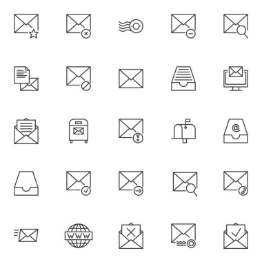 Posta evrensel anahat simgeler kümesi. Doğrusal stil semboller koleksiyonu, hat paketi imzalar. vektör grafikleri. Teslim, posta damgası, posta kaldır, posta iletisi sık kullanılan e-posta, simgeler içerir