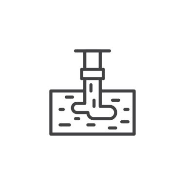 Sıvı kimyasal atık anahat simgesini deşarj. Mobil kavramı ve web tasarım için doğrusal stili işaret. Kirliliği boru basit çizgi vektör simgesi. Sembol, logo illüstrasyon.