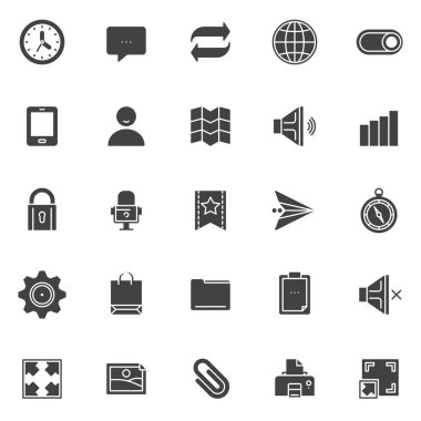 Evrensel temel vector Icons set, modern katı simgesi toplama, dolgulu tarz piktogram paketi. İşaretler, logo illüstrasyon. Duvar saati, konuşma balonu, tarayıcı küre, tablet olarak simgeler içerir