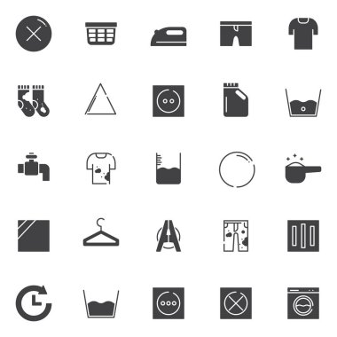 Çamaşırhane vektör simgeler kümesi, modern katı simgesi toplama, dolgulu tarz piktogram paketi. İşaretler, logo illüstrasyon. Hayır kuru temiz, çamaşır sepeti, demir, temiz şort, kirli çorap simgelerle içerir