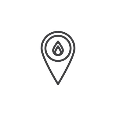 Yangın yeri satırı simgesi, vektör işareti, anahat üzerinde beyaz izole doğrusal stil piktogram. İşaretçi ve alev sembolü, logo örnek göster. Düzenlenebilir kontur