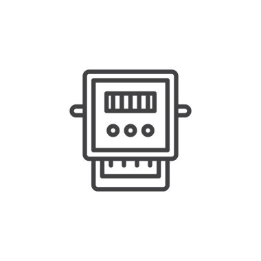 Elektrik metre satırı simgesi, anahat vektör işareti üzerinde beyaz izole doğrusal stil piktogram. Elektrik voltaj göstergesi simgesi, logo illüstrasyon. Düzenlenebilir kontur