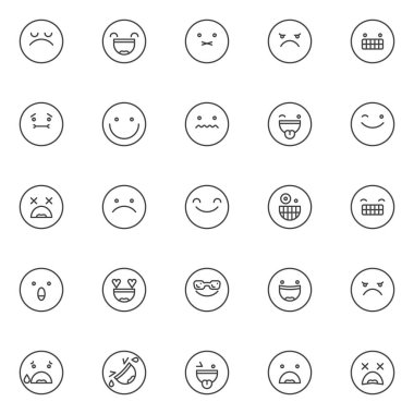 Emoji anahat simgeler kümesi. Doğrusal stil semboller koleksiyonu, hat paketi imzalar. vektör grafikleri. Set simgeler açık ağız yüzüyle gülümsüyor ve gözleri ifade, kızgın gülümseyen kibirli yüz ifade içerir.
