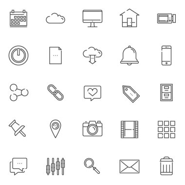 Gerekli Icons set anahat. Doğrusal stil semboller koleksiyonu, hat paketi imzalar. vektör grafikleri. Takvim, bulut, tv veya monitörünüzün ekran, video kamera, ev, bildirim zil simgelerle içerir