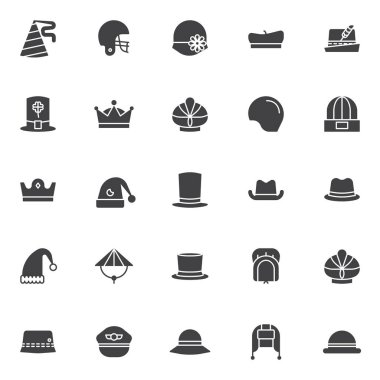 Headdress aksesuar vektör simge seti, modern katı simgesi toplama, dolgulu tarz piktogram paketi. İşaretler logo illüstrasyon. Amerikan futbol kask, kadın şapka Melon, Almanca olarak simgeler içerir