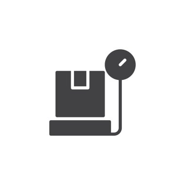 Kargo ağırlık dengesi simge vektör, düz işareti, üzerinde beyaz izole katı piktogram dolu. Parsel karton kutu simgesi, logo çizim ölçeğiyle tartmak.