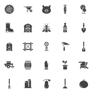 Tarım öğeleri vektör simgeler kümesi, modern katı simgesi toplama, dolgulu tarz piktogram paketi. İşaretler, logo illüstrasyon. Ayçiçeği, el arabası, domuz kafası, havuç, ağaç, ahır olarak simgeler içerir