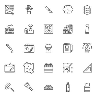 Çizim öğeleri Icons set anahat. Doğrusal stil semboller koleksiyonu, hat paketi imzalar. vektör grafikleri. Simgeleri içeren küme düzeni olarak el kurşun kalem, boya fırçası, blain, teyp ve makas, Damlalık ile