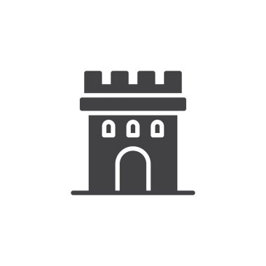 Kale kule simge vektör, düz işareti, üzerinde beyaz izole katı piktogram dolu. Simgesel Yapı bina sembolü, logo illüstrasyon.