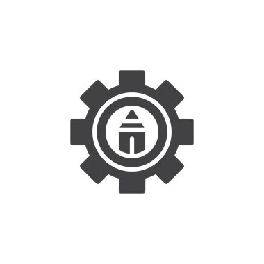 Dişli vektör simgesinde kalem. Mobil kavramı ve web tasarım için düz işareti dolu. Tasarım ayarlarını basit katı simgesi. Sembol, logo illüstrasyon. Piksel mükemmel vektör grafikleri