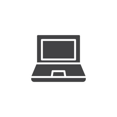 Dizüstü simge vektör, düz işareti, üzerinde beyaz izole katı piktogram dolu. Dizüstü bilgisayar sembolü, logo illüstrasyon.