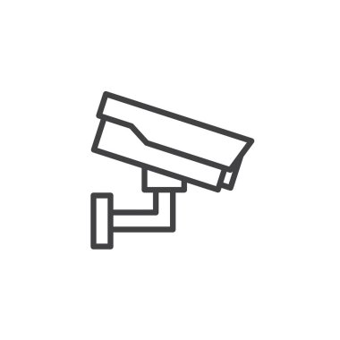 Güvenlik cctv satırı simgesi, anahat vektör işareti üzerinde beyaz izole doğrusal stil piktogram. Gözetim kamera simgesi, logo illüstrasyon. Düzenlenebilir kontur