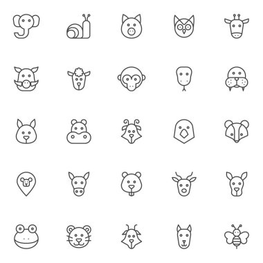 Hayvan başları anahat simgeler kümesi. Doğrusal stil semboller koleksiyonu, hat paketi imzalar. vektör grafikleri. Küme fil kafa, salyangoz, domuz, baykuş, zürafa, domuz, koyun, maymun, yılan Mors simgeler içerir