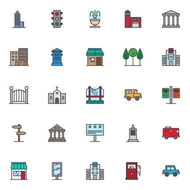 Şehir doldurulmuş anahat Icons set, çizgi vektör simgesi toplama, doğrusal renkli piktogram paketi. İşaretler, logo illüstrasyon, gökdelen inşaat, trafik lambası sinyali simgeleri içerir