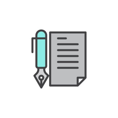 Belge ve dolma kalem anahat simgesini, çizgi vektör işareti, üzerinde beyaz izole doğrusal renkli sembol dolu. Yazma sembolü, logo illüstrasyon. Piksel mükemmel vektör grafikleri