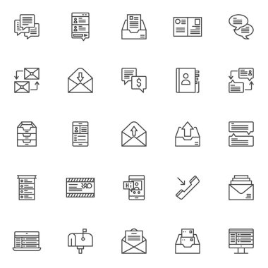 Diyalog iletileri anahat simgeler kümesi. Doğrusal stil semboller koleksiyonu, hat paketi imzalar. vektör grafikleri. Konuşma balonu, mesajlaşma sms app, arşiv kutusu, posta ile akıllı telefon olarak simgeler içerir