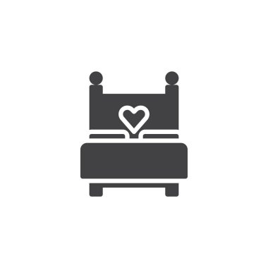 Kalp simge vektör, dolu düz işareti, üzerinde beyaz izole katı piktogram ile yatağı seviyorum. Seks, yapım aşk sembolü, logo illüstrasyon.