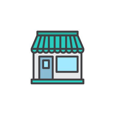 Mağaza Pazar dolu anahat simgesini, çizgi vektör işareti, üzerinde beyaz izole doğrusal renkli sembol. Dükkanı sembolü, logo illüstrasyon. Piksel mükemmel vektör grafikleri