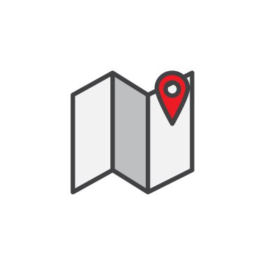 PIN harita üzerinde doldurulmuş anahat simgesini, çizgi vektör işareti, üzerinde beyaz izole doğrusal renkli sembol. Konumu PIN sembolü, logo illüstrasyon ile şehir haritası. Piksel mükemmel vektör grafikleri