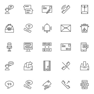 Diyalog anahat simgeler kümesi. Doğrusal stil semboller koleksiyonu, hat paketi imzalar. vektör grafikleri. Kullanıcı konuşmak gibi konuşma balonları, kartpostal mektup ve kalem, telefon, gelen kutusu mesaj zil simgeler kümesi içerir