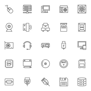 Bilgisayar aygıtı öğeleri Icons set anahat. Doğrusal stil semboller koleksiyonu, hat paketi imzalar. vektör grafikleri. Veritabanı sunucusu olarak simgeleri içeren masaüstü bilgisayar, Web Kamerası, kablosuz usb sopa, Ssd