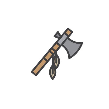 Hint savaş baltası eşarplı doldurulmuş anahat simgesini, çizgi vektör işareti, üzerinde beyaz izole doğrusal renkli sembol. Yerli Hint tomahawk sembolü, logo illüstrasyon. Piksel mükemmel vektör grafikleri