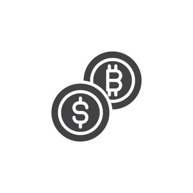 Bitcoin ve dolar sikke vektör simgesi. Mobil kavramı ve web tasarım için düz işareti dolu. Kripto Döviz Alım Satım basit katı simgesi. Sembol, logo illüstrasyon. Piksel mükemmel vektör grafikleri