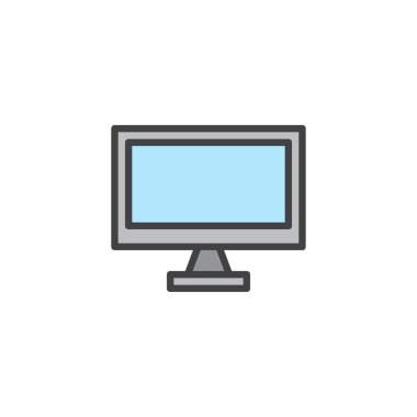 Bilgisayar monitörü doldurulmuş anahat simgesini, çizgi vektör işareti, üzerinde beyaz izole doğrusal renkli sembol. PC ekran simgesi, logo illüstrasyon. Piksel mükemmel vektör grafikleri