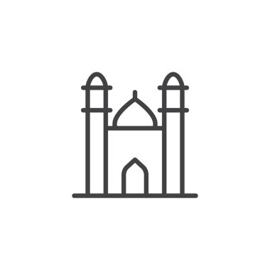Cami minaresi ile kuleleri satırı simgesi, anahat vektör işareti, üzerinde beyaz izole doğrusal stil piktogram. İslam cami bina sembolü, logo illüstrasyon. Düzenlenebilir kontur