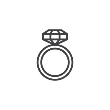 Nişan yüzüğü elmas çizgi simgesiyle anahat vektör işareti, üzerinde beyaz izole doğrusal stil piktogram. Takı sembolü, logo illüstrasyon. Düzenlenebilir kontur