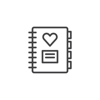 Defter ile kalp satırı simgesi, anahat vektör işareti, üzerinde beyaz izole doğrusal stil piktogram. Günlük sembolü, logo illüstrasyon seviyorum. Düzenlenebilir kontur
