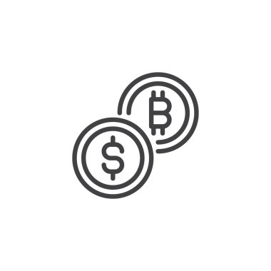 Bitcoin ve dolar paraları anahat simgesi. Mobil kavramı ve web tasarım için doğrusal stili işaret. Kripto Döviz Alım Satım basit çizgi vektör simgesi. Sembol, logo illüstrasyon. Piksel mükemmel vektör grafikleri