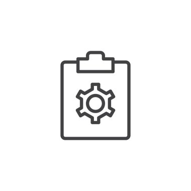 Pano ile dişli dişli satırı simgesi, anahat vektör işareti, üzerinde beyaz izole doğrusal stil piktogram. Belge dosyası ayarı simgesi, logo illüstrasyon. Düzenlenebilir kontur