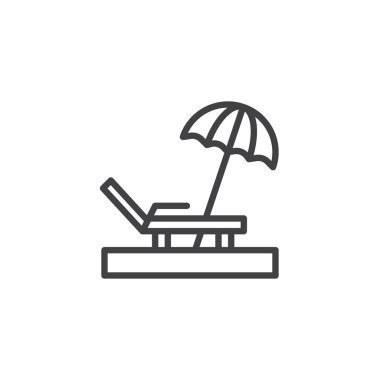 Şemsiye beach anahat simgesi. Mobil kavramı ve web tasarım için doğrusal stili işaret. Şezlong basit çizgi vektör simgesi. Sembol, logo illüstrasyon. Piksel mükemmel vektör grafikleri