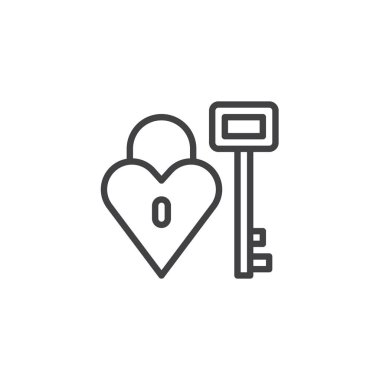 Kalp kilit anahtar satırı simgesi ile vektör işareti, anahat üzerinde beyaz izole doğrusal stil piktogram. Sevgililer günü sembolü, logo illüstrasyon. Düzenlenebilir kontur