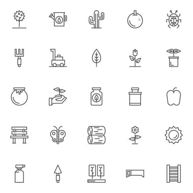Bahçe ekipman anahat simgelerini belirlemek. Doğrusal stil semboller koleksiyonu, hat paketi imzalar. vektör grafikleri. Elma ağacı, sulama olabilir, kaktüs, portakal, uğur böceği, Komisyon, çim biçme makinesi gibi simgeler içerir