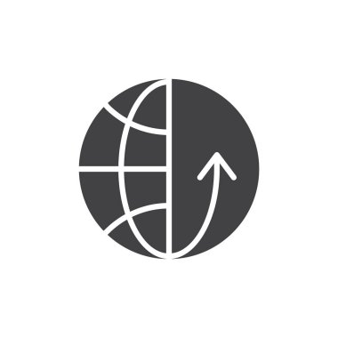 Küre ok simgesi ile vektör, dolu düz işareti, üzerinde beyaz izole katı piktogram. Dünya çapında dağıtım sembolü, logo illüstrasyon.