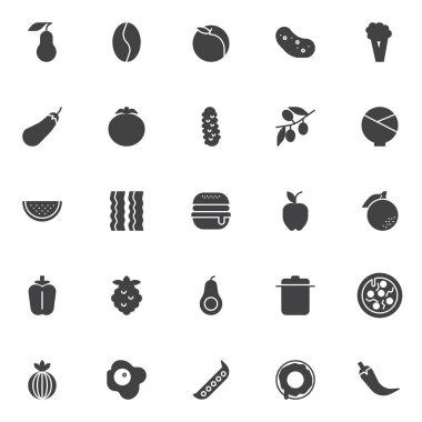 Gıda beslenme vektör simgeler kümesi, modern katı simgesi toplama, dolgulu tarz piktogram paketi. İşaretler logo illüstrasyon. Armut meyve, kahve çekirdeği, patates sebze brokoli, domates gibi simgeler içerir 