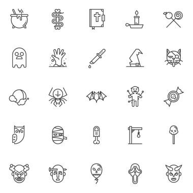 Cadılar Bayramı Kostüm anahat simgelerini belirlemek. Doğrusal stil semboller koleksiyonu, hat paketi imzalar. vektör grafikleri. Kazan, kemik, İncil, hayalet, zombi el, cadı şapkası, siyah kedi yılanla olarak simgeler içerir