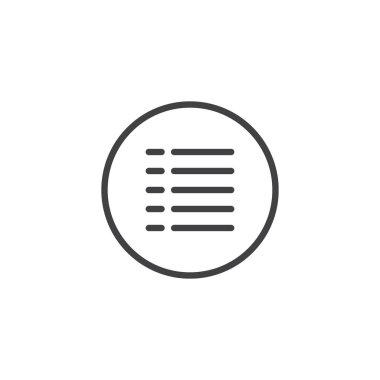 Menü dairesel düğme satırı simgesi, anahat vektör işareti üzerinde beyaz izole doğrusal stil piktogram. Sembol, logo illüstrasyon. Düzenlenebilir kontur