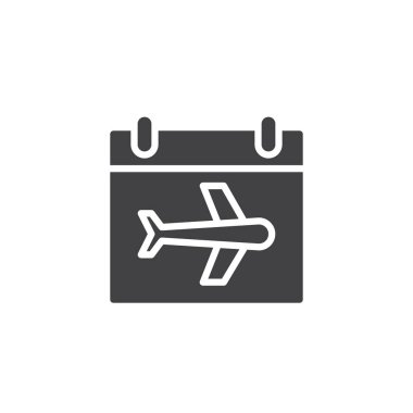 Uçak vektör simgesi olan takvim sayfası. Mobil kavramı ve web tasarım için düz işareti dolu. Seyahat programı basit katı simgesi. Sembol, logo illüstrasyon. Piksel mükemmel vektör grafikleri