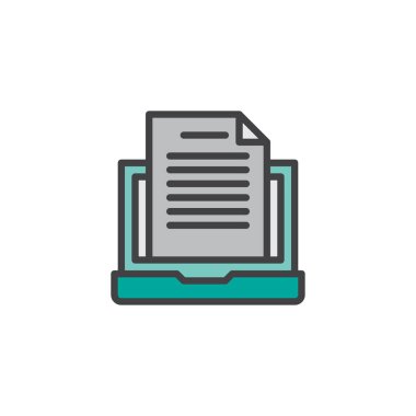 Kağıt makale dizüstü bilgisayar ekranında ile dolu anahat simgesini, çizgi vektör işareti, üzerinde beyaz izole doğrusal renkli sembol. Yazma, copywriting ve bloglama sembolü, logo illüstrasyon