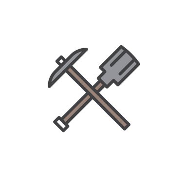 Kürek ve kazma doldurulmuş anahat simgesi, çizgi vektör işareti, doğrusal renkli sembol üzerinde beyaz izole geçti. Araştırma sembolü, logo illüstrasyon. Piksel mükemmel vektör grafikleri