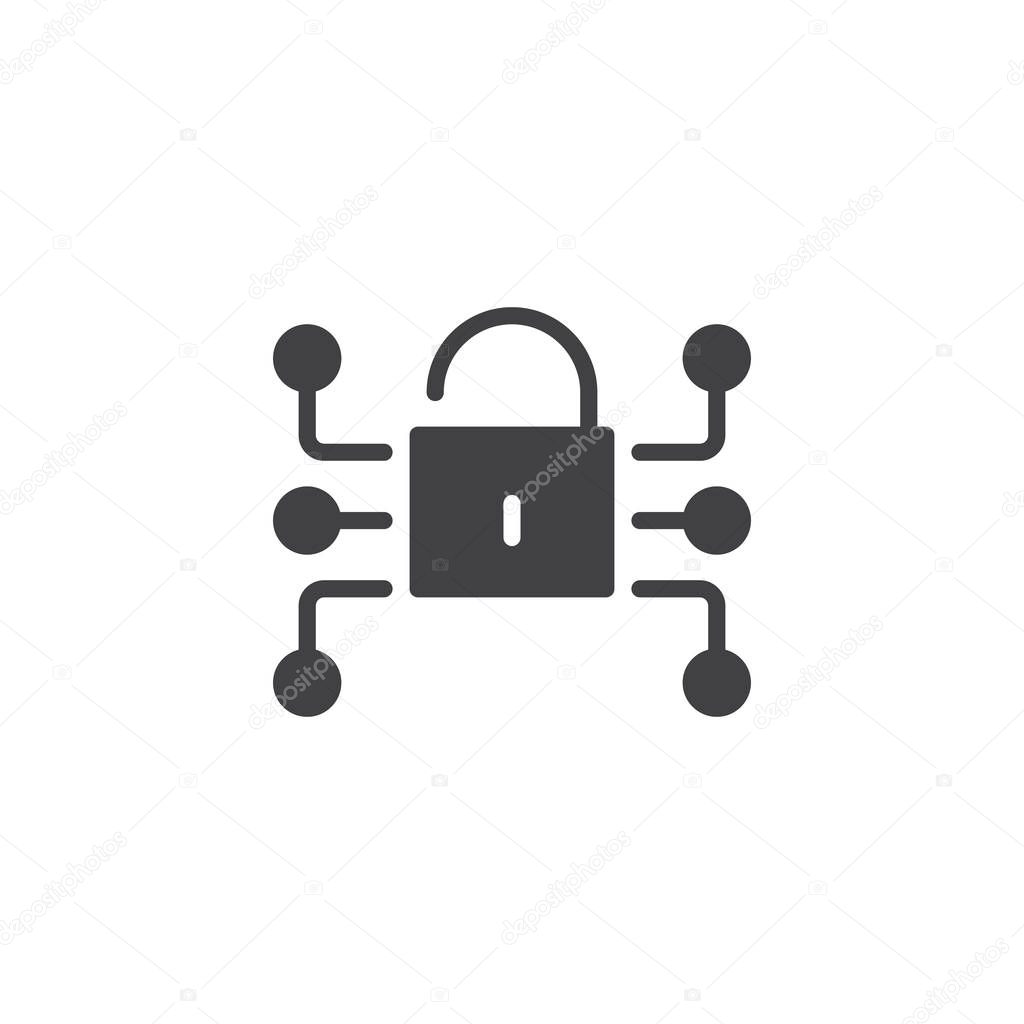 Lock media network data protection icon vector, filled flat sign, solid pictogram isolated on white. Cryptography, Cyber security symbol, logo illustration.