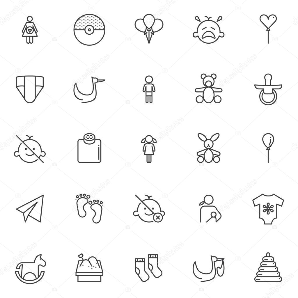 Baby outline icons set. linear style symbols collection, line signs pack. vector graphics. Set includes icons as pregnant, pokeball, party balloons, crying baby, flying stork, nappy, teddy bear