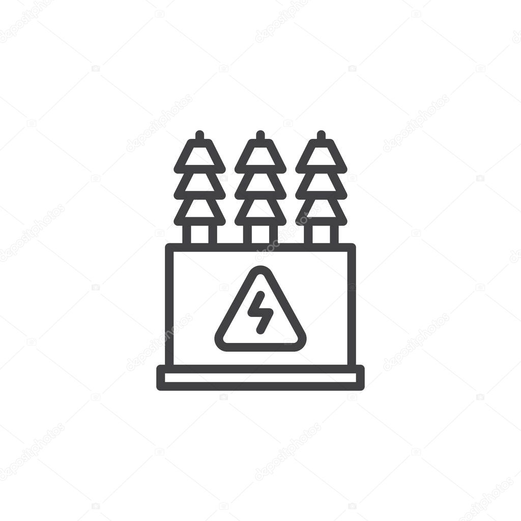 Electric transformer line icon, outline vector sign, linear style pictogram isolated on white. High voltage power station symbol, logo illustration. Editable stroke